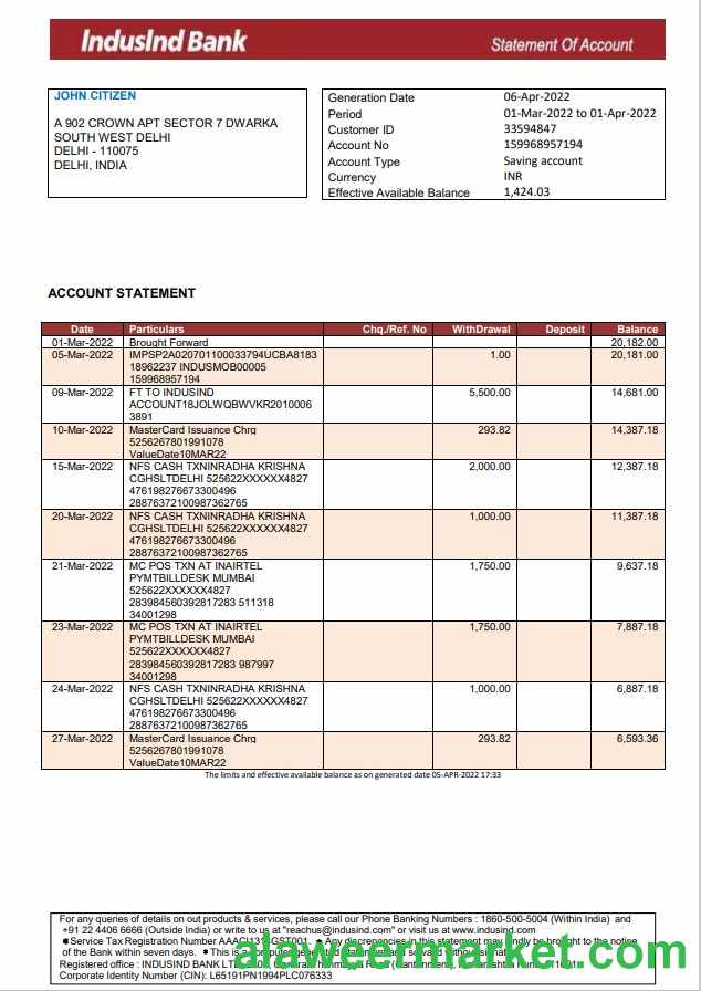 India IndusInd bank statement